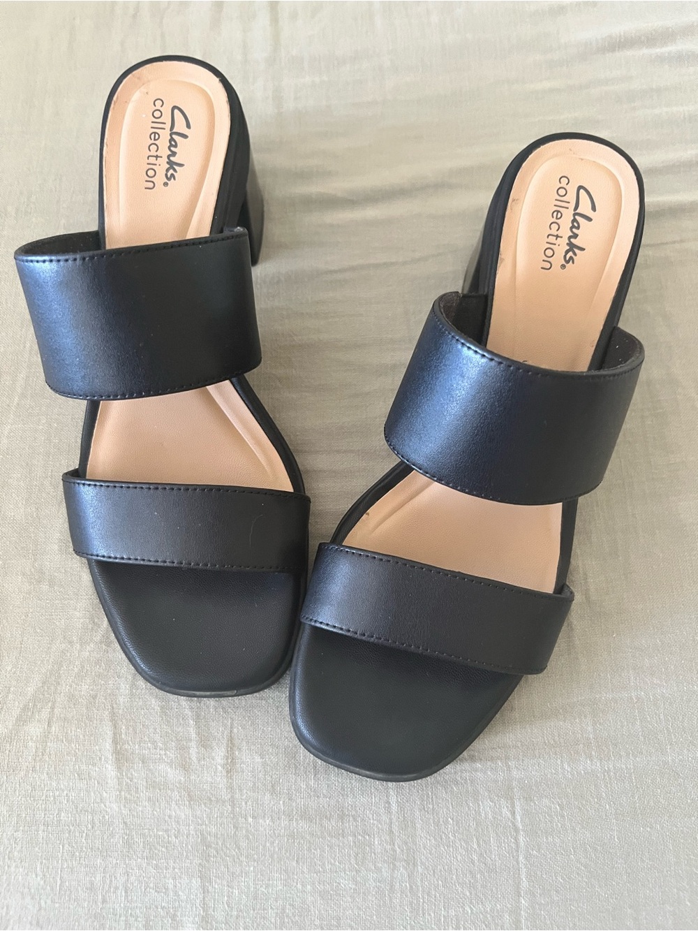 Clarks Black Double-Strap Block Heel Mules